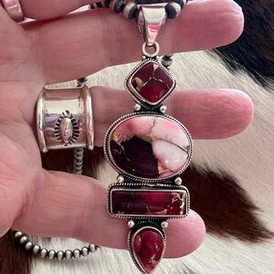 ❤️ Red Dahlia Turquoise 4 Stone Statement 14.8G Pendant 925 Navajo Style 2.96”L